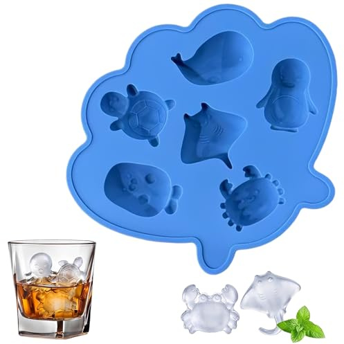 NOPVUFA Silikonisbehållare med 6 former av marina djur, mjuk isform för cocktails och drycker, enkel och BPA-fri, perfekt för kök och fester, 13,5 x 16 x 1,5 cm, blå