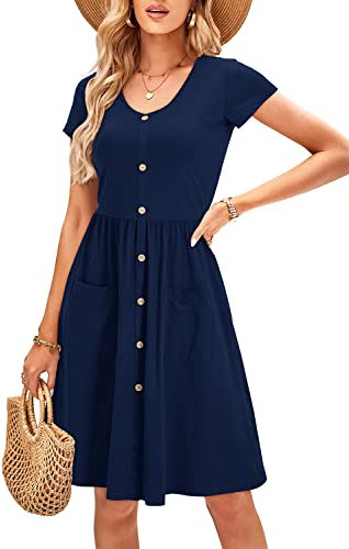 OUGES Women's Summer Short Sleeve Dress V Neck Casual Button Down Midi Ladies Dresses with Pockets(Navy395,M)