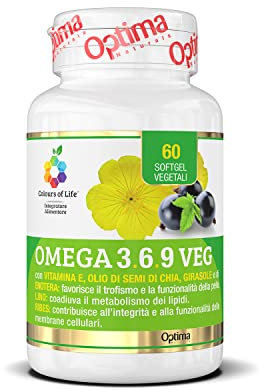 Colours of Life - Omega 3,6,9 VEG - Integratore di Omega 3, 6 e 9 - con Oli di Semi di Chia, Enotera, Girasole e Ribes Nero - Senza Glutine e Vegano, 60 Softgel Vegetali