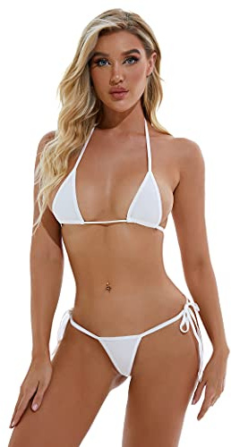 Oneheekini Cheeky Thong Bikini Mini String Swimsuits with Ties for Women (White)