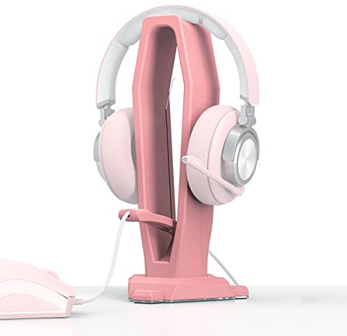 Soporte para auriculares de PC para juegos con ratón, soporte elástico para auriculares de escritorio, accesorios para juegos (2 en 1, rosa)