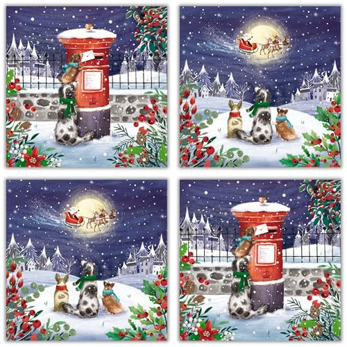 GBCC Charity Christmas Cards - Christmas Dogs with Santa and Post Box - Eco-Friendly and Recyclable - Box of 20 Cards - By The Great British Card Company,Multicoloured,141 x 141mm