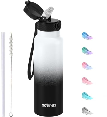 GOPPUS 750 ml/24 oz isolerade vattenflaskor med sugrör 0,75 liter metallflaskor stål termisk flaska rostfritt stål gymflaska dubbelvägg dryckesflaska läckagesäker varm/kall vattenflaska BPA-fri