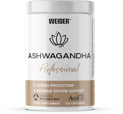 Weider Ashwagandha Professional (120 capsulas). Ashwaghandha KSM-66 con AstraGin para mejor absorpción, Magnesio, y Vitamina C. Ayuda a la Relajación y conciliar el sueño. (60 porciones)