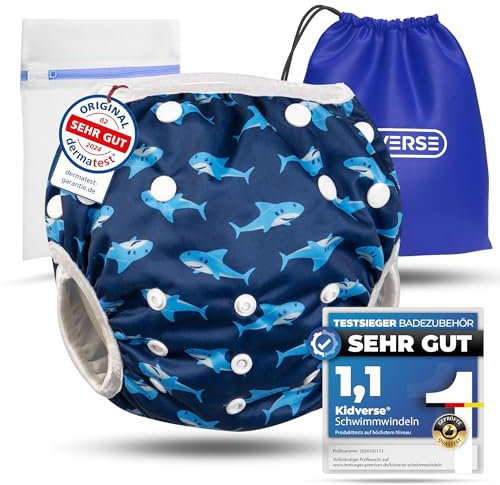 KIDVERSE Schwimmwindel Baby Badehose 0-3 Jahre - Hautfreundliche Schwimmwindeln wiederverwendbar & saugstark - Größenverstellbare Badewindel Baby Schwimmhose inklusive Tragetasche & Wäschenetz