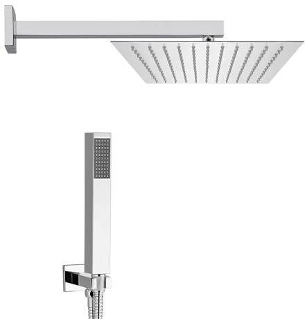 Set doccia cromato lucido con braccio soffione rettangolare 30x20 cm e kit doccia completo di doccino, presa acqua e flessibile