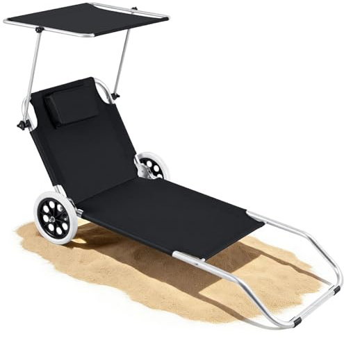 Hebitod Lettino da spiaggia con ruote, pieghevole con protezione solare, sedia a sdraio con tettuccio parasole e cuscino, lettino da campeggio, schienale regolabile, nero, 100 kg max.