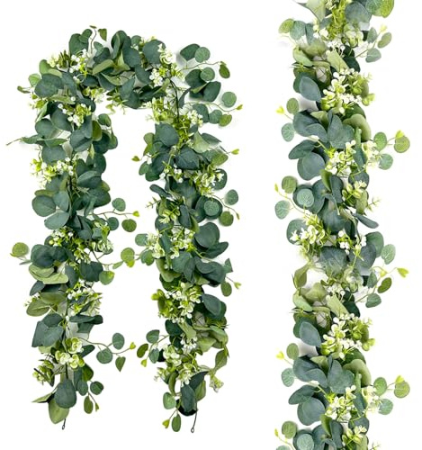 Trukafie 2 stycken konstgjord eukalyptusgirlang, 1,8 m konstgjord eukalyptus, konstgjord girlang, växt med vita blommor, silverdollar, eukalyptusranka för bakgrund bröllopsdekoration