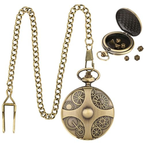 Reloj de Bolsillo Con Dados y Engranaje Grabado - Caja Con Cadena y Juego de Dados