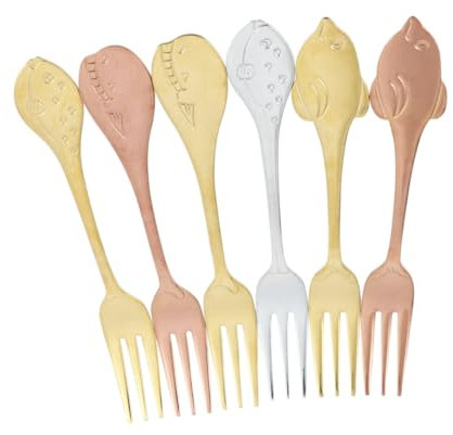 Ciieeo 6pezzi Forchette in Acciaio Inossidabile Di Manico Lungo Design a Forma Di Pesce Con Motivi Di Delfino, Pesce Palla e Lucidate Per Dessert, Frutta, Insalata Uso Domestico e