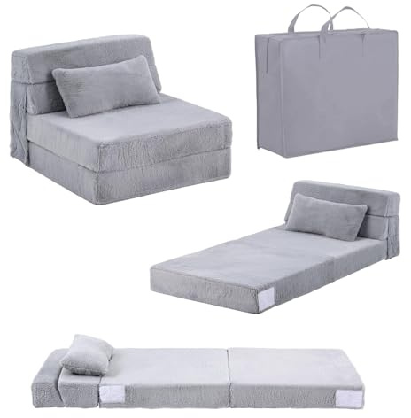 Tiita Convertible Folding Kids Sofa Bed with Pillow & Storage Bag, Plush Fabric Floor Mattress Couch Bed, Washable Cover, Kids Room, Playroom, Dorm, Apartment, White Grey