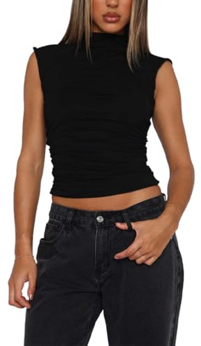 Gkaopi Maglietta Donna Estive Senza Maniche Sexy Dolcevita Maglietta Aderente Shirt Corto Basic Top a Collo Alto T-Shirt Y2K Slim Fit Crop Tops