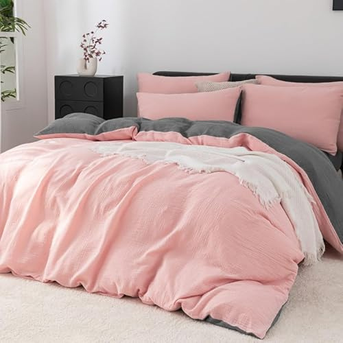 Gezu Ropa de cama de algodón 155 x 220 cm, doble muselina, rosa, gris, verano, transpirable, ropa de cama suave de 155 x 220 cm, diseño estético, no necesita planchado, con cremallera y 2 fundas de