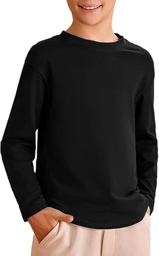 Haloumoning Camiseta para niño de manga larga, cuello redondo, monocolor, básica, de manga larga, tiempo libre, deporte, camisetas, Negro , 7-8 años