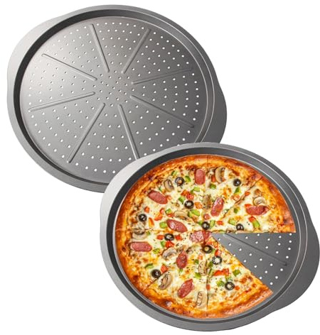 Oven Pizza Trays with Handles 2pcs, 14-Inch Carbon Steel Round Non-Stick Baking Trays with Holes and Handles for Cooking, Baking