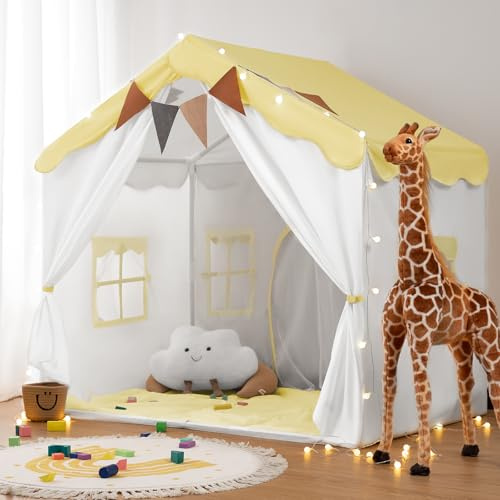 besrey Tienda de Campaña Infantil 2 en1 con Alfombra Acolchada, Luces y Banderas, Casita Infantil Tela de Juegos con 2 Puertas y 4 Ventanas, Cabañas para Niños (Amarillo)