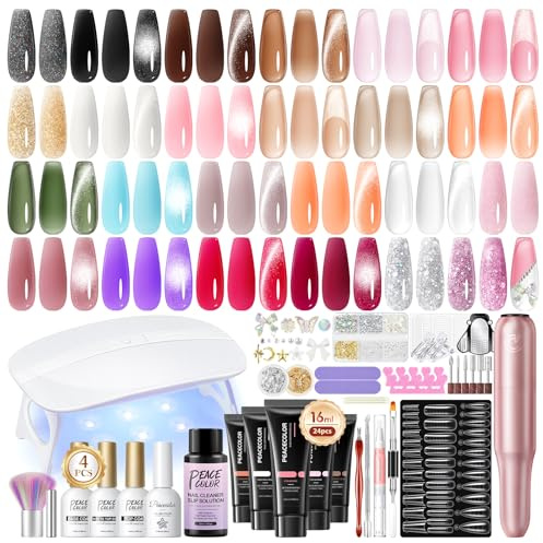 PEACECOLOR 51Pcs Kit Unghie Gel Completo con lampada U V Fresa per Unghie,24 Colori Gel Ricostruzione Unghie Poly Unghia Gel con Base & Top Coat Nail Art per Principianti e Professionisti