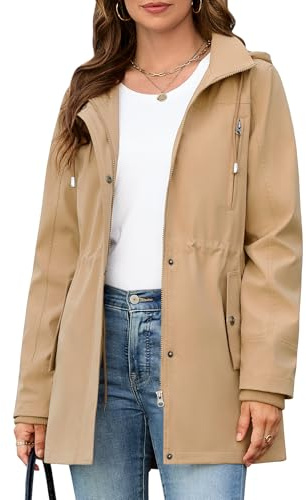 Tuopuda Veste Femme mi Saison Outdoor Légères Manteau avec Capuche Blousons avec Zippé Printemps Automne Décontracté Parka (Kaki,XXL)