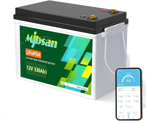 Mjbsan 12V 330Ah LiFePO4 litiumbatteri med 4224Wh energi,inbyggt 200A BMS,max 2560W belastningseffekt,10 års livslängd upp till 15 000 cykler,för husbilscamping,solenergispeglar,marina trollingmotorer