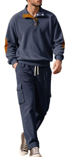 QUNERY Ensemble Jogging Homme Velours Côtelé 2-Tlg Survêtement | Ensemble Hiver Tracksuit Pull à col Tunisien et Pantalon Cargo Survetement pour Activités de Plein Air et Usage Quotidien