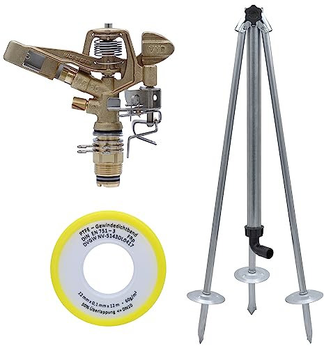 Agrarflora Kreis-und Sektorenregner VYR-60, 3/4 Zoll, Komplettset mit Dreibeinstativ und 12m PTFE-Dichtungsband, Kreisregner, Sektorenregner, Impulsregner, Teilkreisregner