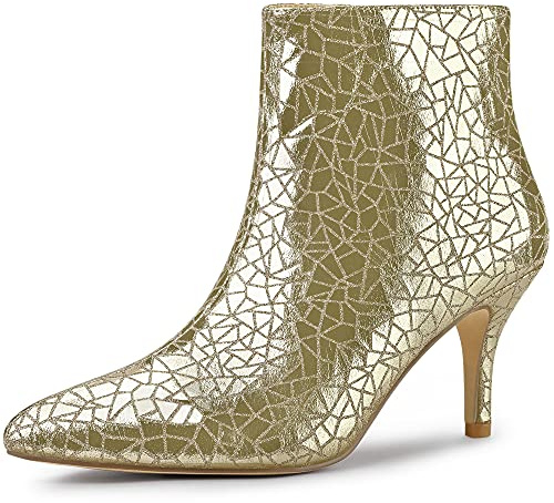 Allegra K Women Faux Leather Sparkly Pointed Toe Stiletto Heels Ankle Boots | ABS Heel. Geometric Pattern. Sparkly Finish. Pointed Toe. 3 1/7 Inch Heel Height. 3 8/9 Inch Shaft Height