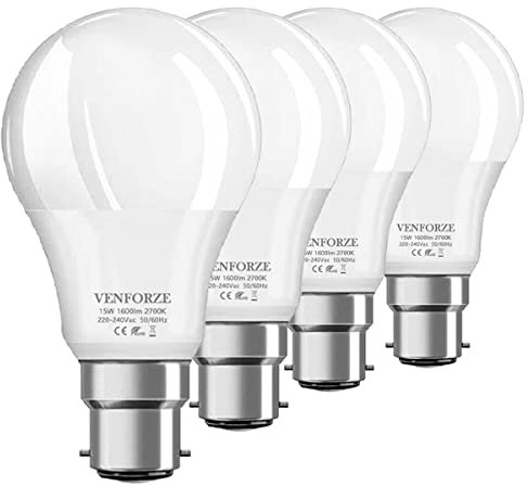 Venforze Lampadine a baionetta da 150 W, 15 W, A60 B22,1600 lm, 2700 K, non dimmerabili, confezione da 4