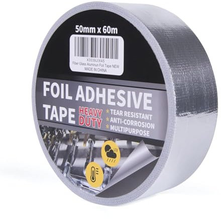 TAPEBEAR Nastro Alluminio adesivo, 50mm x 60m Nastro Alluminio Con Tessuto In Fibra Di Vetro, Resistere da 80°C a 100°C, Nastro Adesivo Rinforzato Per Sigillare, Riparare ed Isolare