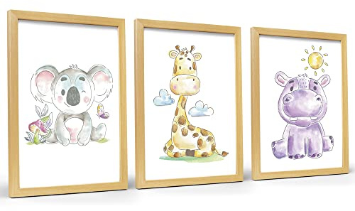 Milaboo® Affisch, barnrum, djur, tillverkade i Tyskland, DIN A4-bilder I vackert babyrum, dekoration I barnväggbilder (set med 3 djur 1)