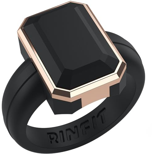 Rinfit Women's Silicone Rings - Anniversary Ring or Promise Ring for Her - Emerald Rubber Wedding Bands - Black/Metal Rose Gold, Size 7
