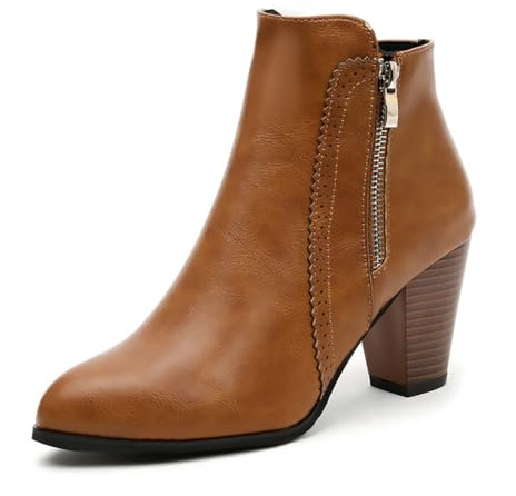 Dernolsea Ladies Chunky Block Heeled Ankle Boots - Faux Leather or Suede Ankle Boots for Women with Zip or Buckle Detail Tan Size 5.5-6