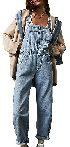 FeMereina Denim Overalls for Women Loose Fit Classic Bib Casual Jean Stretchy Denim Overall Jumpsuit Tapered Leg Jean Pants