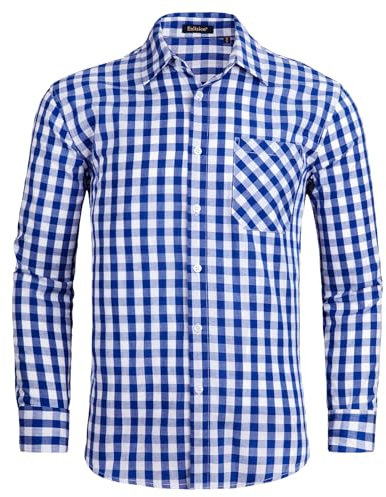 Enlision Checked Shirt Mens Long Sleeve Plaid Work Shirts for Men Smart Casual Button Down Tartan Lumberjack Top with Pocket Regular Fit, Blue and White, M