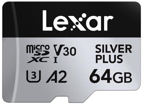 Lexar Silver Plus 64GB Micro SD Card up to 205 MB/s, MicroSDXC UHS-I Flash Memory Card with Adapter, C10, U3, A2, V30, Full HD, 4K UHD, High Speed TF Card for Drone, Action Camera, Handheld Consoles