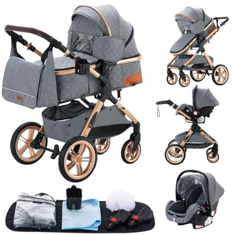 Passeggino 3 pezzi, passeggino, passeggino 3 in 1, passeggino pieghevole, pneumatici in gomma, con accessori, Gondola, Adaptateurs, 25 kg (XX1 grigio)…