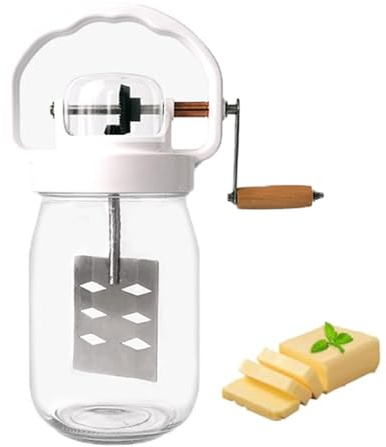 UGCER Manuelles Butterfass, 1,5 l Buttermaschine mit Handkurbel und Glasbehälter, Edelstahlzahnrädern und Holzgriff, für Zuhause, Küche und Backen