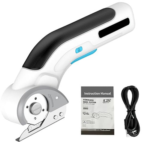 Polegas Cordless Electric Scissors, 4.2V Cardboard Cutter with Safety Lock and LED Light, Rechargeable Rotary Cutter for Fabric, Leather, Carpet, Carboard, Box Cutting, Low Noise Cutting