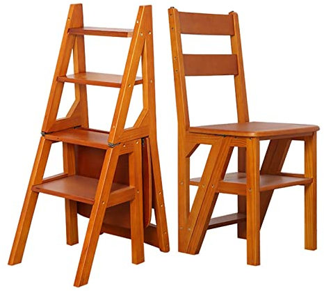 Wooden Folding Step Ladder Chair Multifunctional Foldable Stool Shelf for Kitchen Library Climb Steps Ladder Bookshelf Plant Stand Stairway Chair for Home Office Outdoor Use