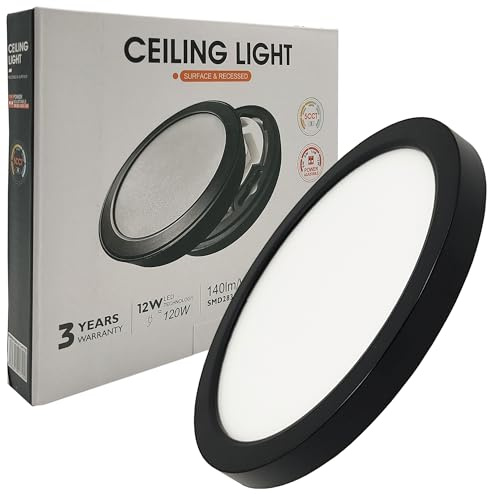 Plafon Led Techo Circular Negro Ø17,5cm, 12W, 1440Lm, Lampara de Techo Downlight, Superficie o Empotrable, Potencia Regulable, Luz Blanca seleccionable de 2700K a 6000K (175 mm)