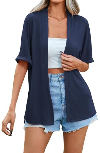 Famulily Women's Cardigans for Summer, Loose Fitting Front Open Cardigans Ladies Half Sleeves Cover ups (XL, Blue)