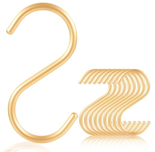 SIAMESE Aluminum S Hooks, 10 Pcs Medium Gold S Shaped Hooks for Hanging Plant, Jeans, Cups in Closet, Kitchen, Living Room, Bathroom or Outdoors (Medium, Gold)