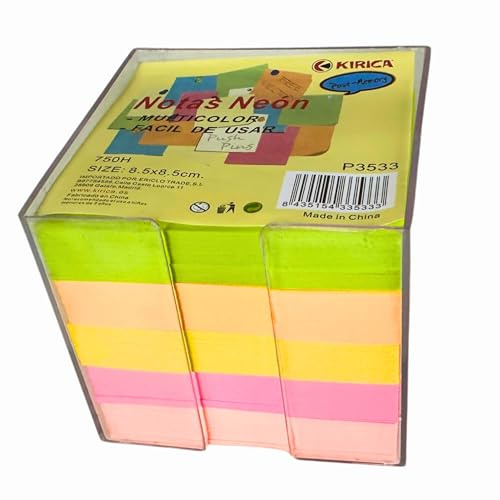 Bloc de 750 Hojas de Notas de Colores Neón 8,5x8,5 cm – No Adhesivas – Con Caja de Plástico Organizadora – Papelería para Oficina, Escuela y Hogar – Verde, Naranja, Amarillo, Rosa y Salmón
