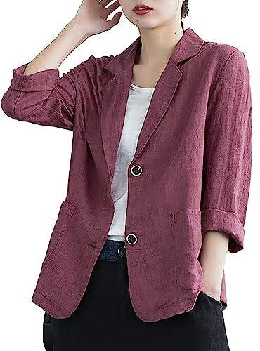 Linneblazer dam sommar lätt, sommarblazer dam lätt elegant kostymjacka sportig kort blazer linne övergångsjacka midja kavajjackor sportig business kavaj, röd, XXL