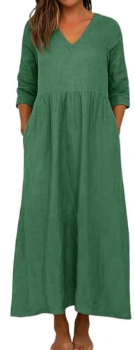 Générique Robe Longue Femme en Coton et Lin Couleur Autumn Casual Boho Col en V à Volants A-Line Manches Longues Robes pour Femmes Automne Vacances