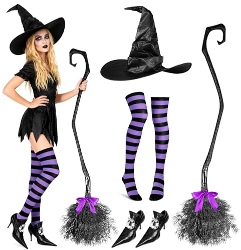 Beipegin Witch Costumes Accessories for Women Kids Witches Hat Shoe Covers High Sock Witches Broomstick Fancy Dress Halloween Costumes