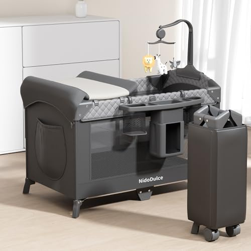 NidoDulce Portable Travel Cot & Bedside Crib - Foldable Height Adjustable Co-Sleeper with Mattress Included, Changing Table & Storage Organiser - Easy Assembly Baby Bed for Home and Travel