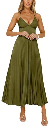 Beaufident Women's Pleated Satin Bridesmaid Dresses V-Neck Crisscross Back Prom Dress Long Formal Party Dress,Green,Small