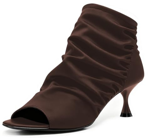 YDN Women's Open Peep Toe Ankle Boots Low Kitten Heels with Back Zipper Chic Dressy Short Booties Shoes for Party Daily Winter Fall Size 10.5 Brown