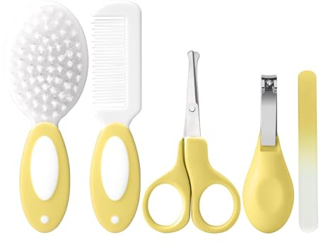 Baby grooming kit nyfödda, spädbarn säkerhetsvård set med hårborste kam nagelklippare, baby nödvändigheter för nyfödda, 5 st, gul