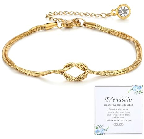 Grevosea Friendship Bracelets for Women, Love Knot Best Friend Bracelet with Greeting Card and Gift Bag Friendship Gifts for Women Bff Bestie Birthday Christmas Jewelry Gift (Gold)